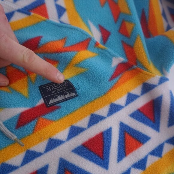 Massive Outdoor Blue Red Aztec Hiking Fleece Zip Up Quarter Zip Hooded Sweater S - Picture 10 of 10